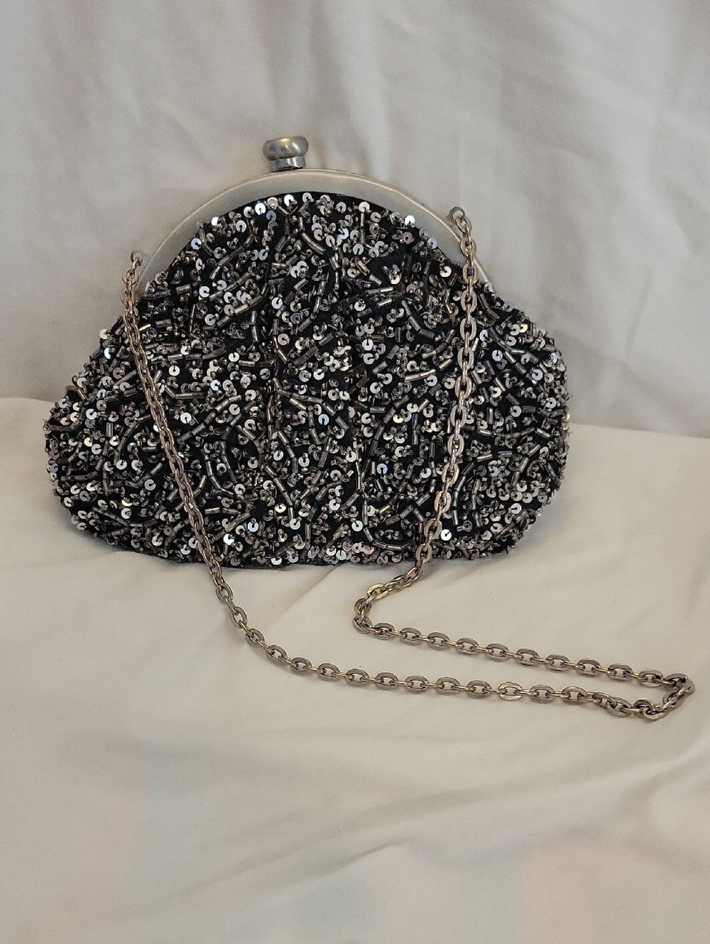 Chico's Soft Sequin Beaded Evening Bag with Chain Strap in Black and Silver